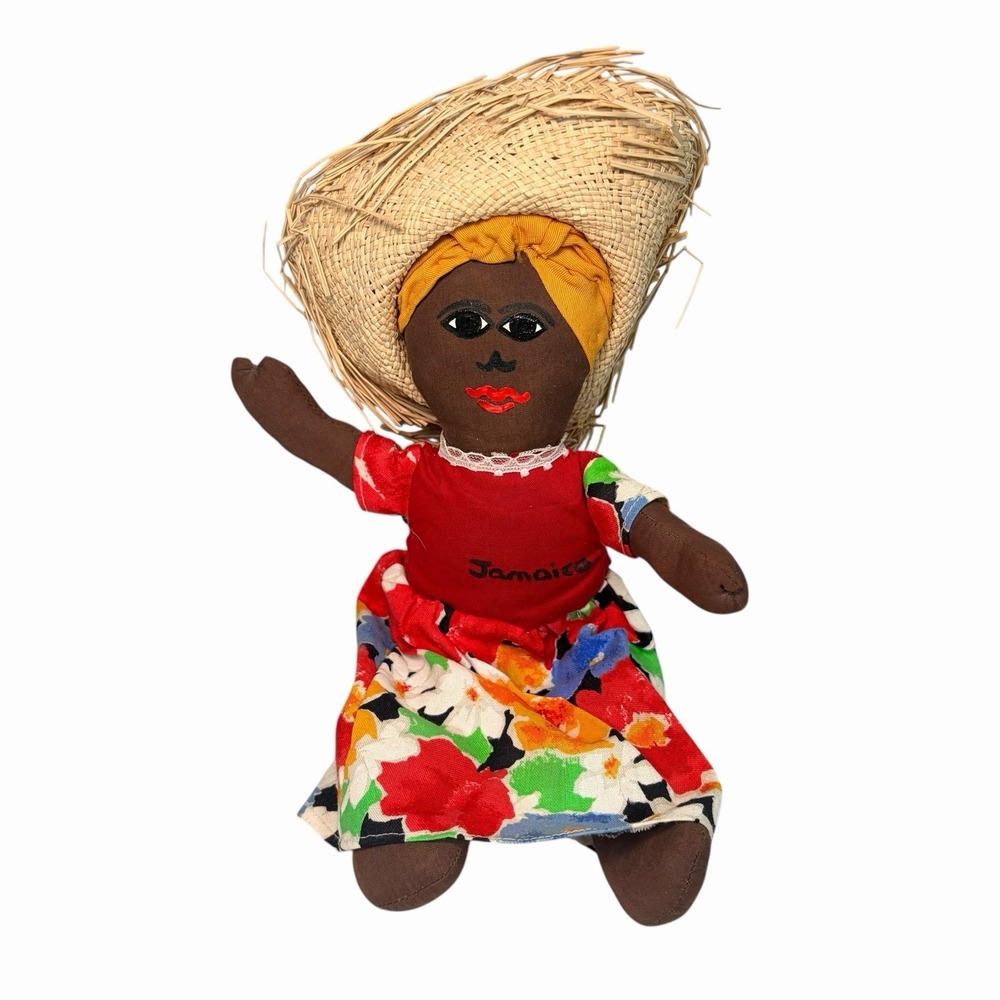 Vintage Handmade Jamaican Cloth Rag Doll Jamaica Figure Straw Hat Folk Art